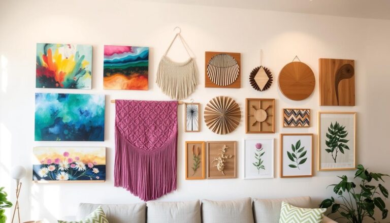 A vibrant collection of various DIY wall art projects displayed in a cozy, well-decorated living space, featuring colorful canvas paintings, textured fabric wall hangings, geometric wooden art pieces, and botanical prints, all arranged creatively on a light-colored wall, with soft natural lighting enhancing the artistic atmosphere.