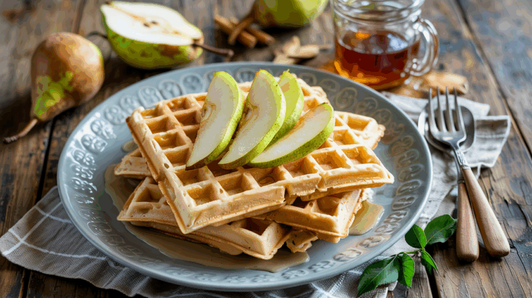 Pear & Ginger Waffles with Honey Drizzle – Cozy, Spiced, and Naturally Sweet