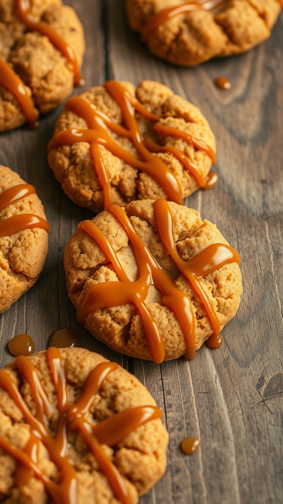 A close-up of caramel-drizzled pumpkin cookies on a wooden surface.