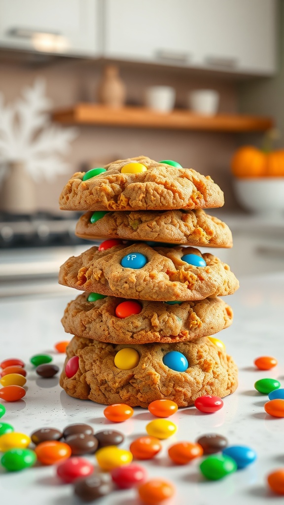 A stack of chewy pumpkin M&M cookies surrounded by colorful candies.