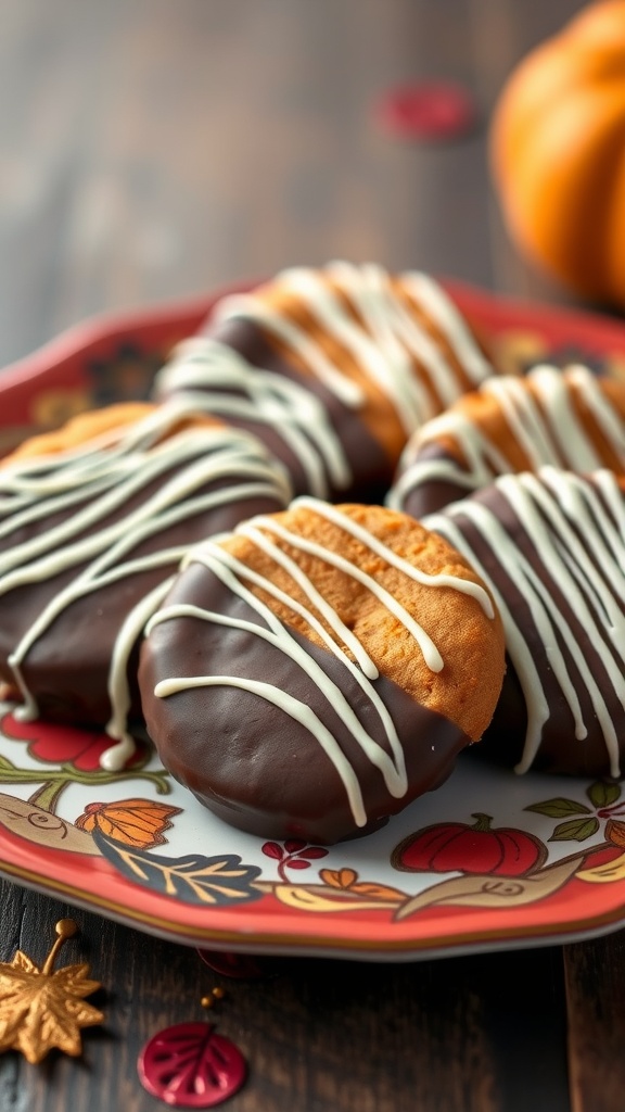 A plate of chocolate-dipped pumpkin cookies drizzled with white chocolate.