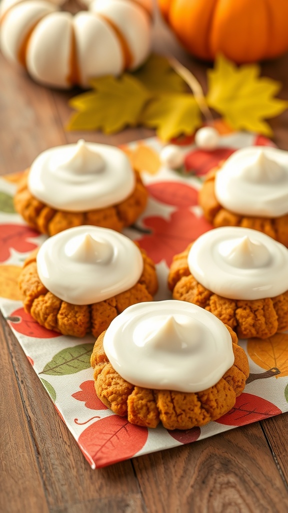 Frosted pumpkin cookies with cream cheese icing on a colorful autumn-themed napkin.