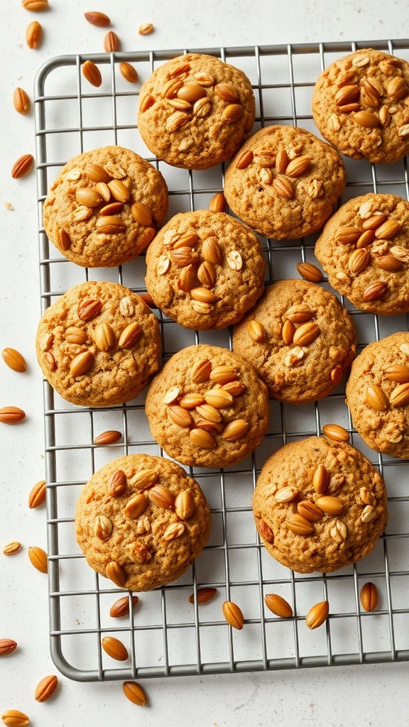 A tray of gluten-free pumpkin oatmeal cookies topped with nuts.
