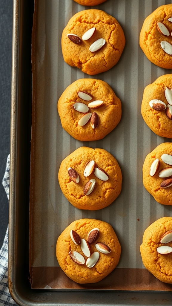 A tray of freshly baked pumpkin almond cookies topped with almonds.