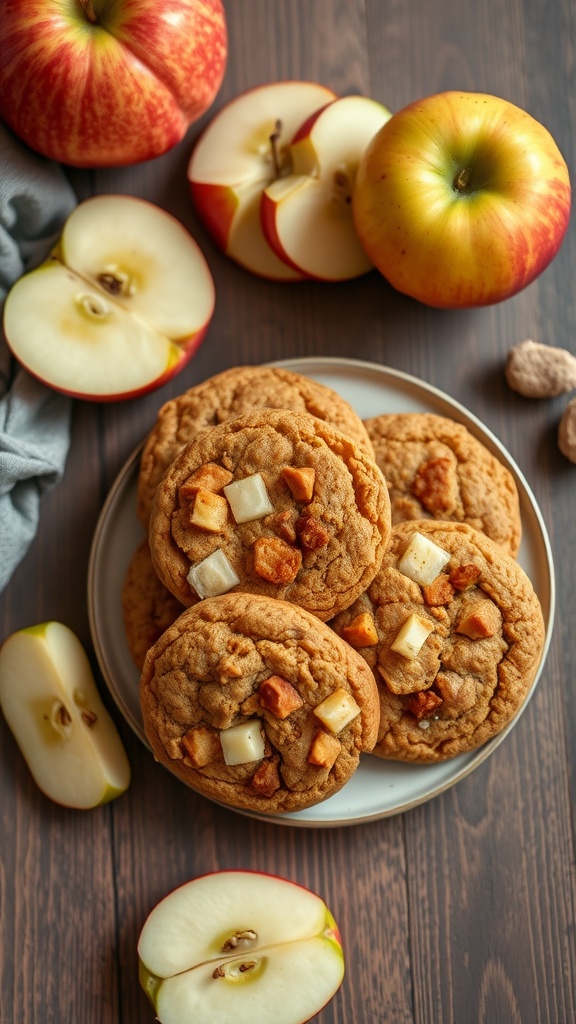 Plate of pumpkin and apple cookies with fresh apples around them.