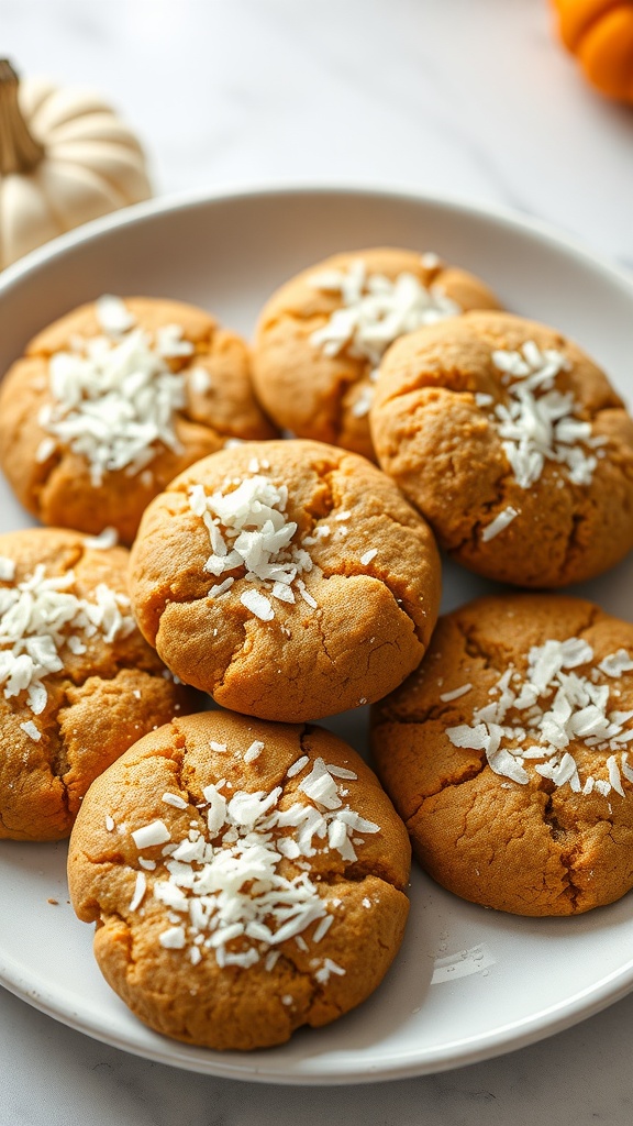 A plate of pumpkin and coconut cookies topped with shredded coconut.