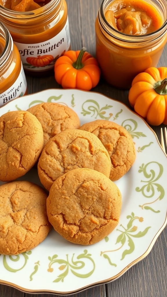 A plate of pumpkin butter cookies with jars of pumpkin butter and mini pumpkins.