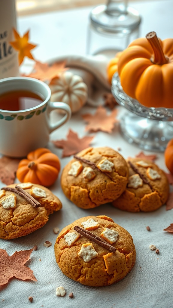A cozy arrangement of pumpkin chai cookies with cinnamon sticks and decorative mini pumpkins.