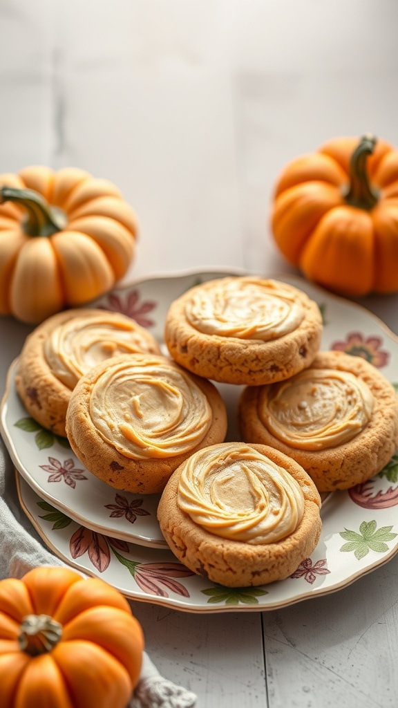Plate of pumpkin cheesecake cookies with small pumpkins in the background.