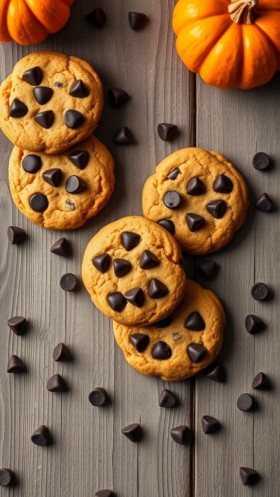 Pumpkin chocolate chip cookies with chocolate chips scattered on a wooden surface, alongside decorative pumpkins.