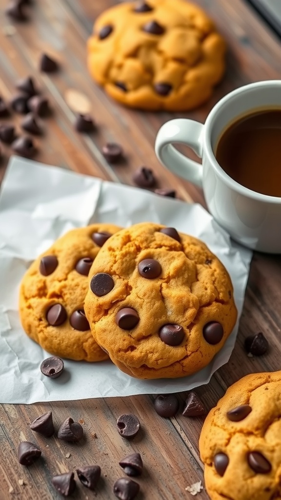 Pumpkin chocolate chip cookies on a table with chocolate chips and a cup of coffee