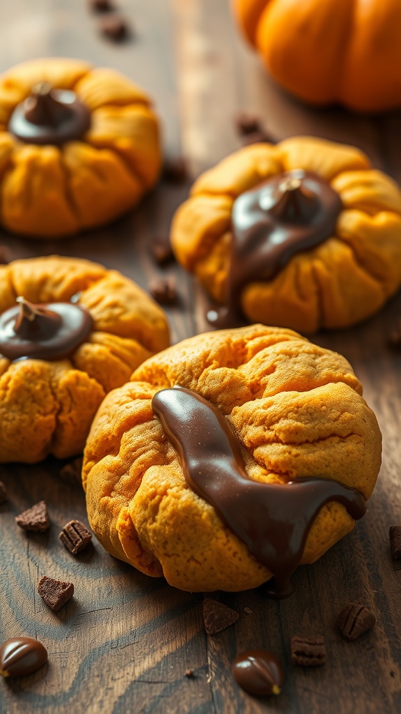 Pumpkin cookies with chocolate drizzle on a wooden surface.