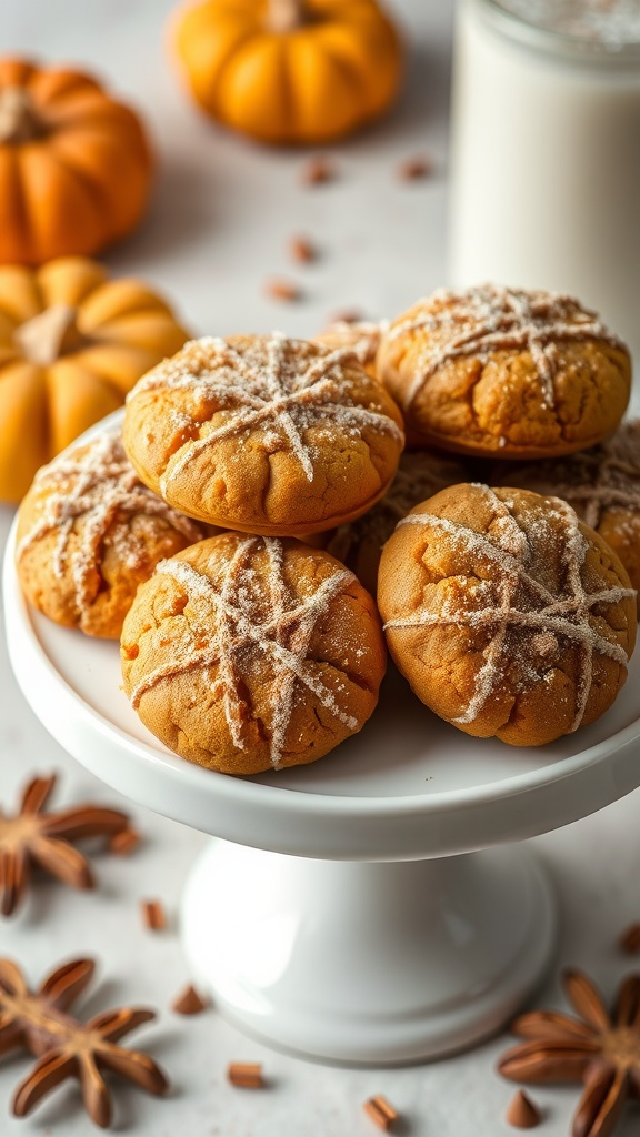 A plate of pumpkin cookies topped with cinnamon sugar, surrounded by pumpkins and spices.