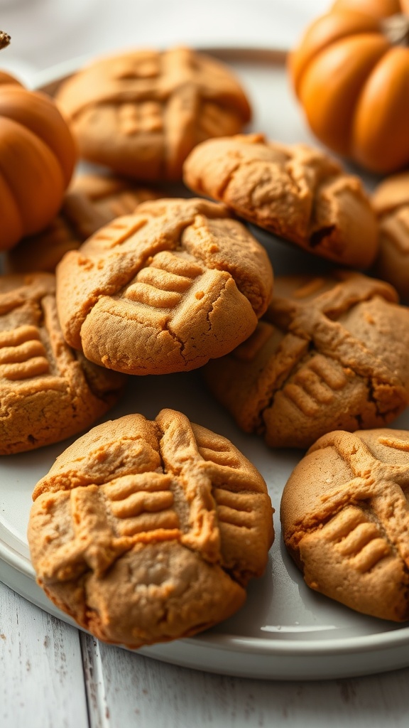A plate of pumpkin cookies with a crunchy crust, surrounded by small pumpkins.