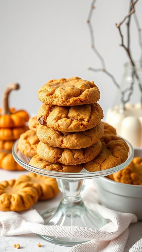 A stack of soft pumpkin cookies on a glass plate with small pumpkins in the background.