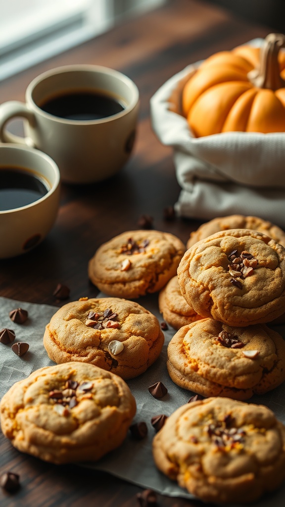 Pumpkin cookies with espresso, coffee cups, and a pumpkin decoration.