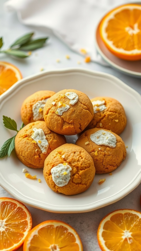 A plate of pumpkin cookies with citrus glaze and orange slices around it.