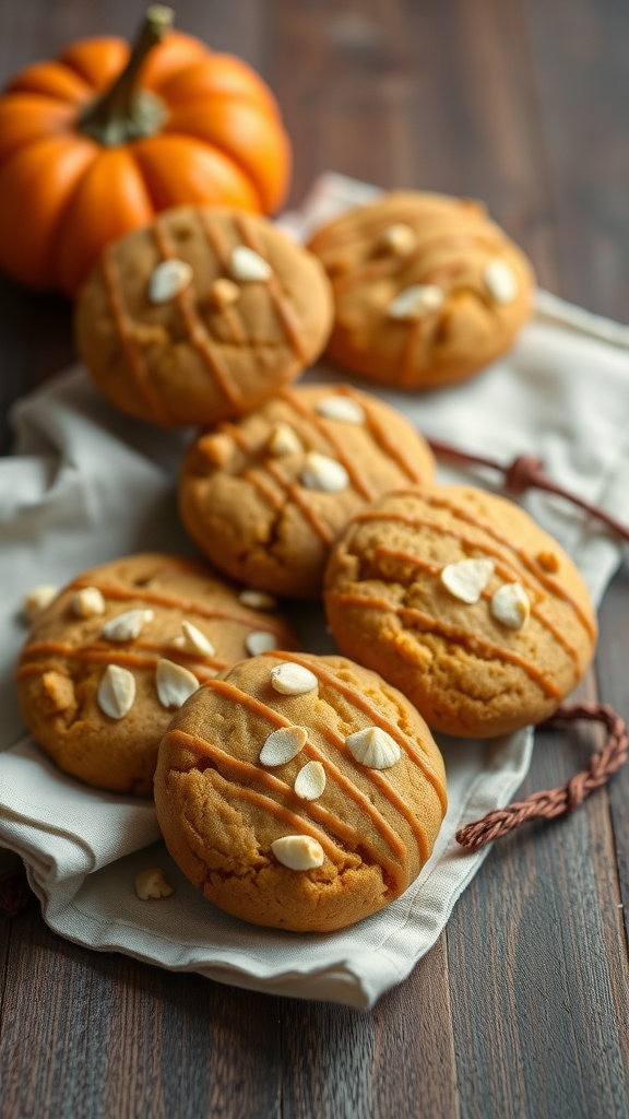 A plate of pumpkin cookies drizzled with icing and topped with pumpkin seeds, alongside a small pumpkin.