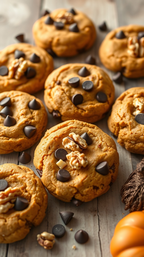 Pumpkin cookies topped with chocolate chips and walnuts on a wooden surface.