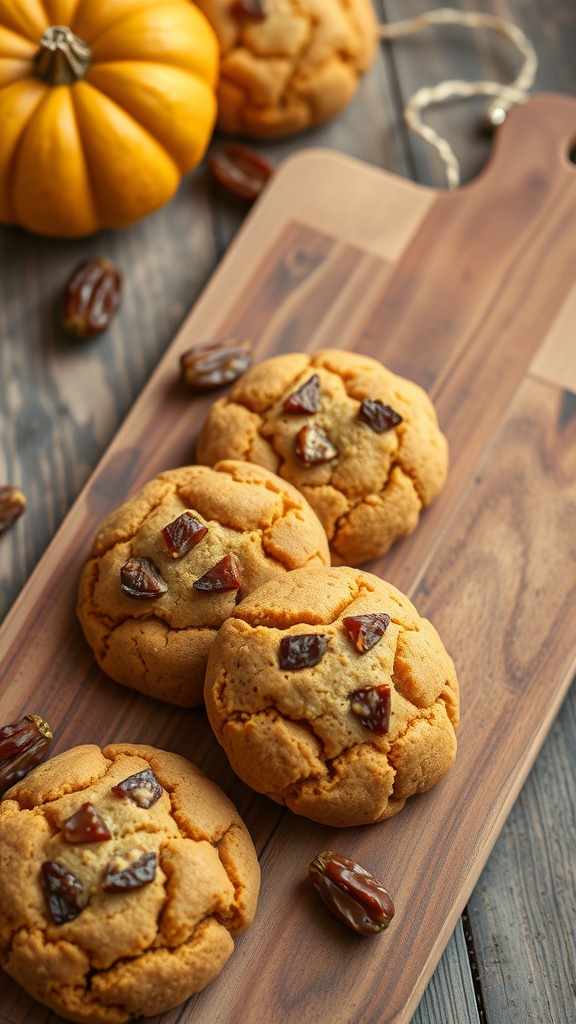 A wooden board with pumpkin cookies topped with chopped dates, surrounded by a small pumpkin and dates.