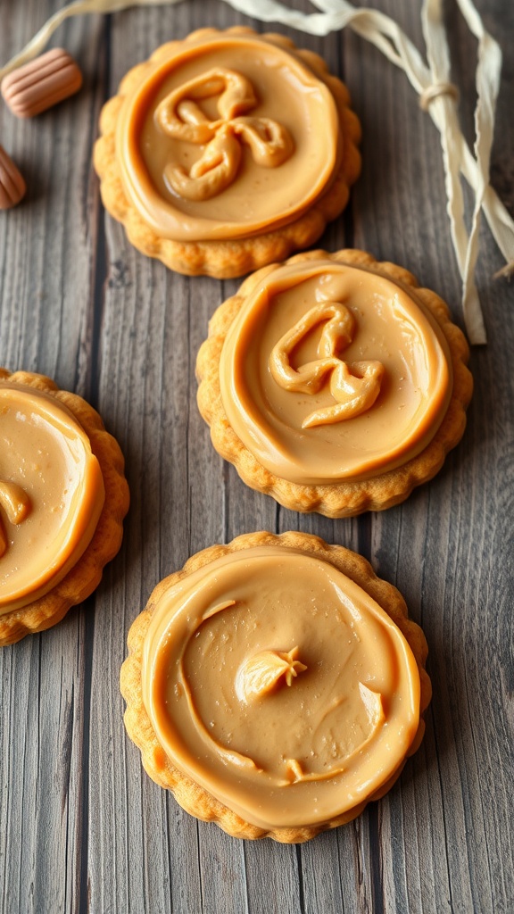 Pumpkin cookies topped with creamy peanut butter on a wooden surface.