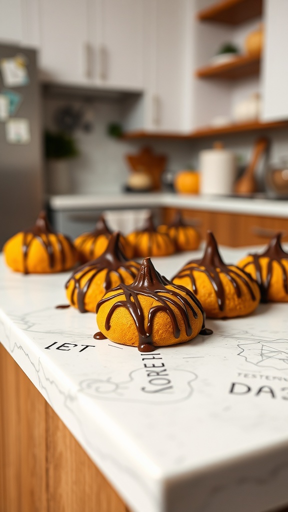 Pumpkin cookies with dark chocolate drizzle on a kitchen countertop