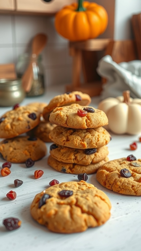 A stack of pumpkin cookies with dried fruit scattered around them, with a small pumpkin in the background.