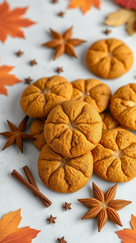 Delicious pumpkin cookies arranged with cinnamon sticks and star anise on a white background.