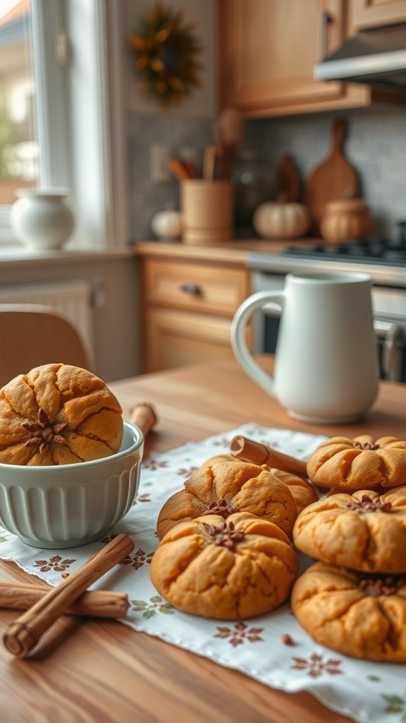 A plate of pumpkin cookies with cinnamon sticks and a cup in a cozy kitchen setting.