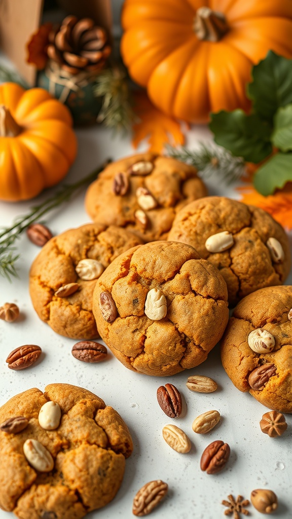Delicious pumpkin cookies topped with mixed nuts, surrounded by pumpkins and autumn leaves.