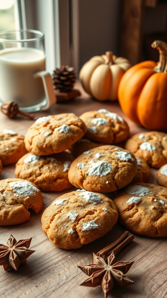 Delicious pumpkin cookies with nutmeg and cloves on a wooden table, surrounded by pumpkins and spices.