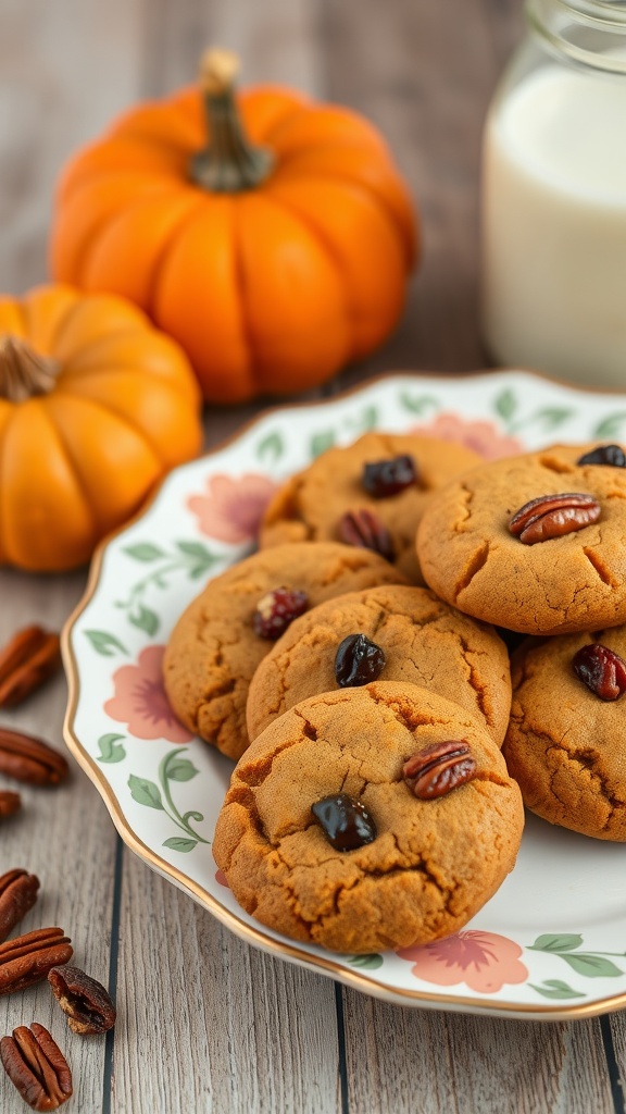 A plate of pumpkin cookies with pecans and raisins, surrounded by small pumpkins and a glass of milk.