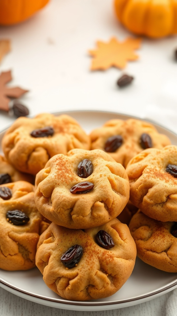 A plate of pumpkin cookies with raisins and cinnamon, featuring a cozy fall theme.