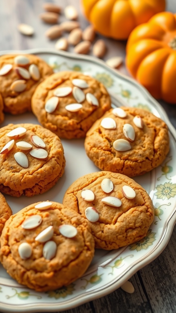 Plate of pumpkin cookies topped with sliced almonds, with small pumpkins in the background