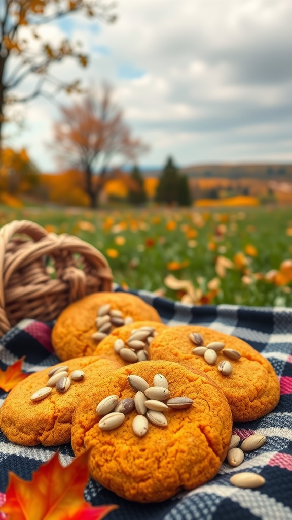 Pumpkin cookies topped with sunflower seeds on a picnic blanket in an autumn setting.