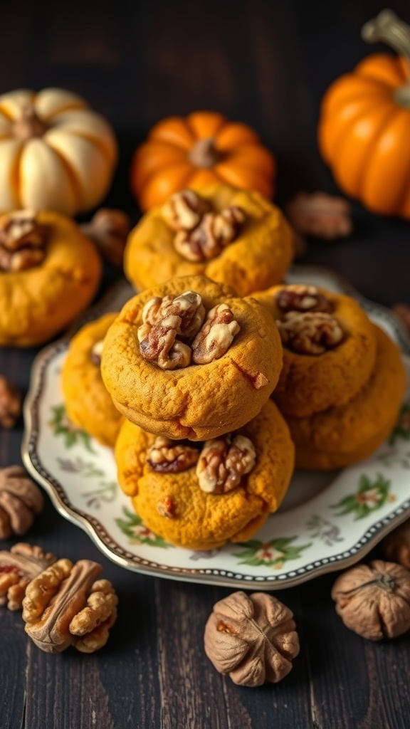 A plate of pumpkin cookies topped with walnuts, surrounded by small pumpkins and walnuts.