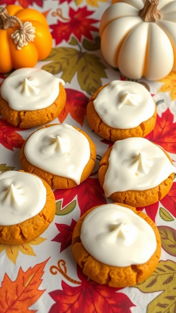 Pumpkin cookies with yogurt icing on a colorful autumn-themed table.