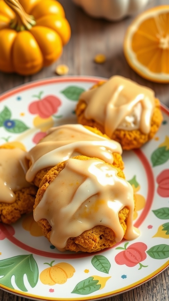 Three pumpkin cookies with a citrus glaze on a colorful plate with small decorative pumpkins.