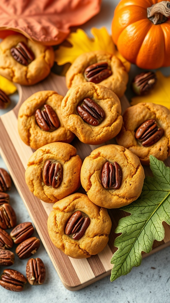A plate of pumpkin cookies topped with pecans, surrounded by autumn leaves and a small pumpkin.