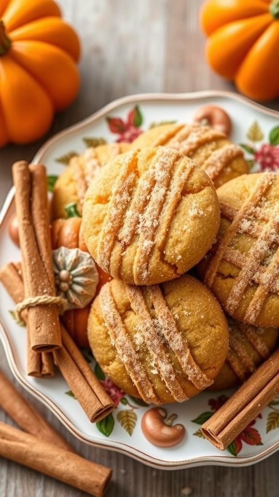 A plate of pumpkin snickerdoodle cookies with cinnamon sticks and pumpkins in the background.