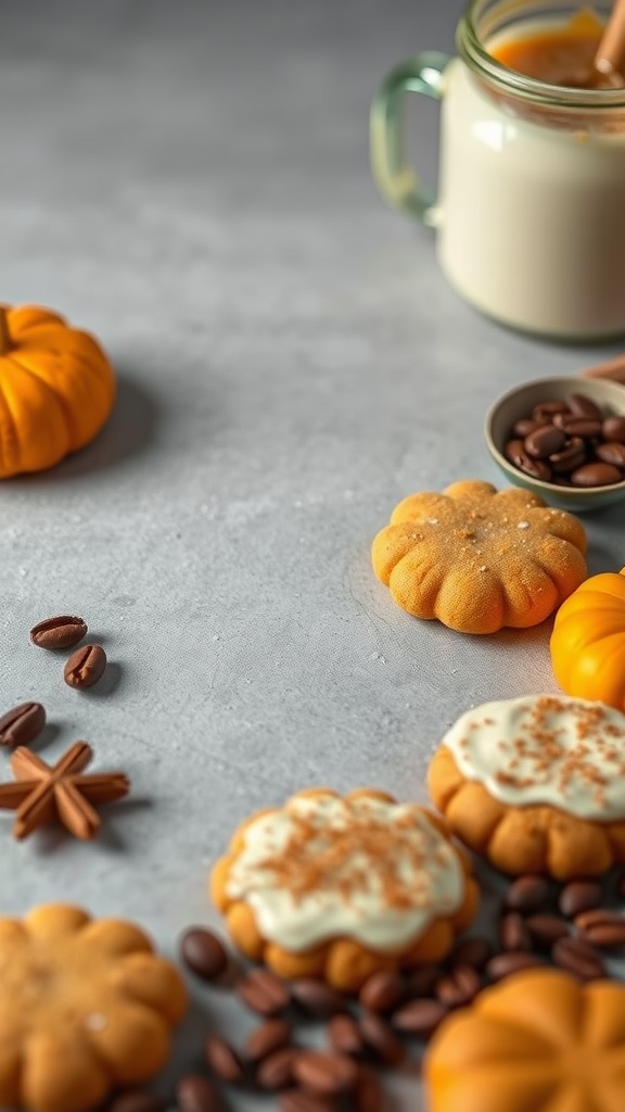 Pumpkin spice latte cookies with coffee beans and small pumpkins