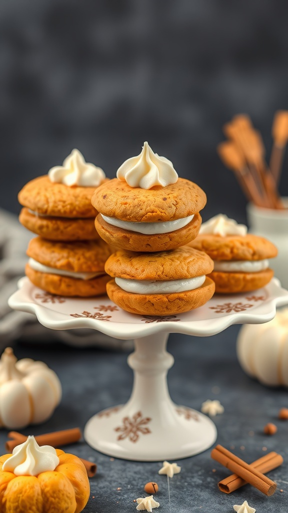 A plate of pumpkin spice whoopie pies topped with cream filling.