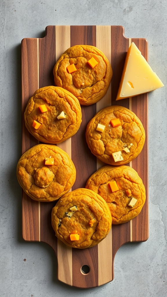 Savory pumpkin cookies with cheese on a wooden board