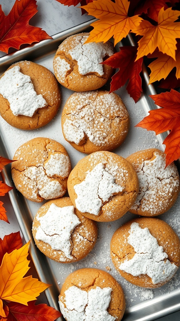 A tray of soft pumpkin spice cookies decorated with powdered sugar and surrounded by autumn leaves.