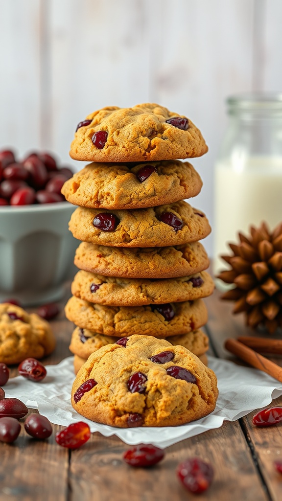 A stack of spiced pumpkin cookies with cranberries on a wooden table.