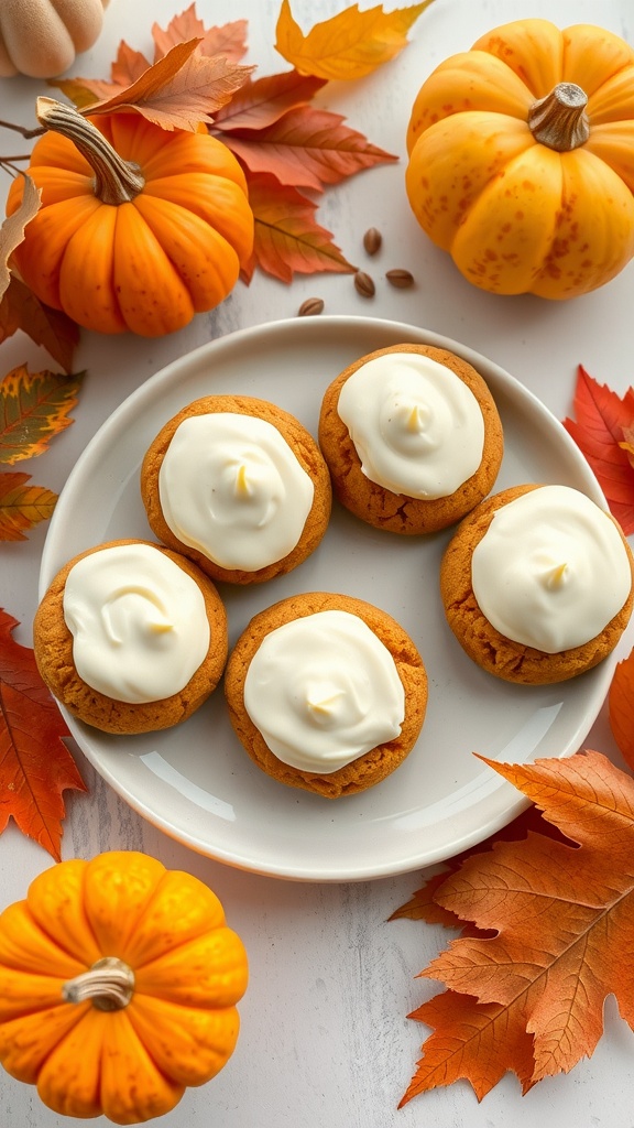 Plate of spiced pumpkin cookies with cream cheese frosting surrounded by pumpkins and autumn leaves.