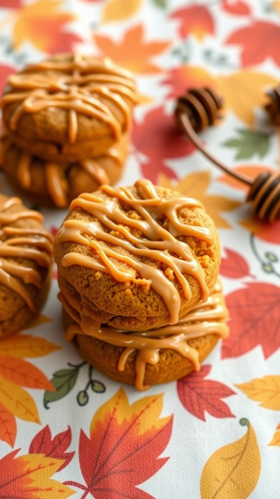 Vegan pumpkin cookies drizzled with maple glaze on a colorful autumn leaves tablecloth.