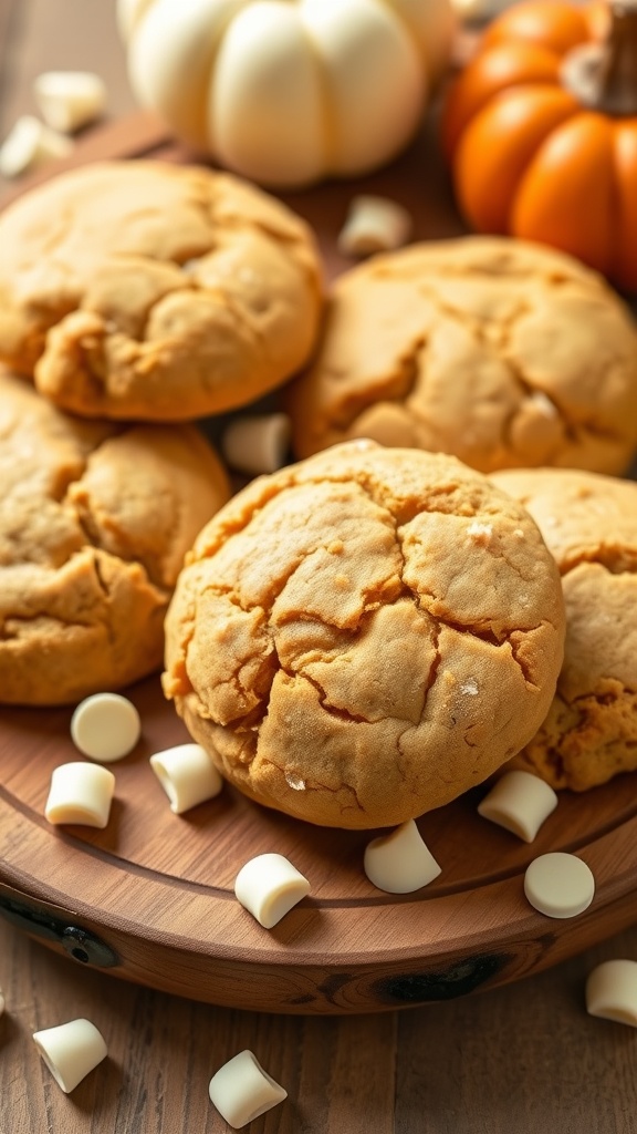 A plate of white chocolate pumpkin cookies surrounded by mini white chocolate chips and decorative pumpkins.
